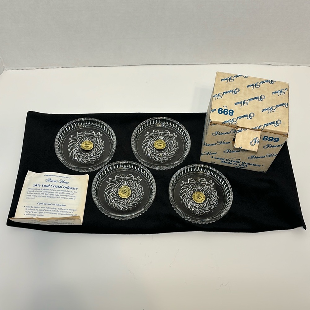 Princess House #899 Christmas Wreath Coasters Lead Crystal NIB Holiday Decor